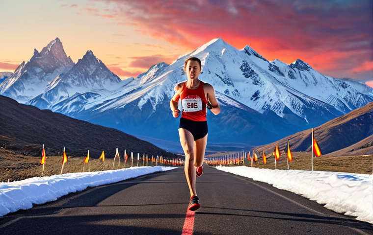 **

A marathon runner triumphantly crossing the finish line, with a backdrop of snow-capped mountains in the distance. The runner exudes strength and endurance. Focus on vibrant colors and a sense of accomplishment. Include subtle visuals indicating increased red blood cells (e.g., a slight red glow).

**
