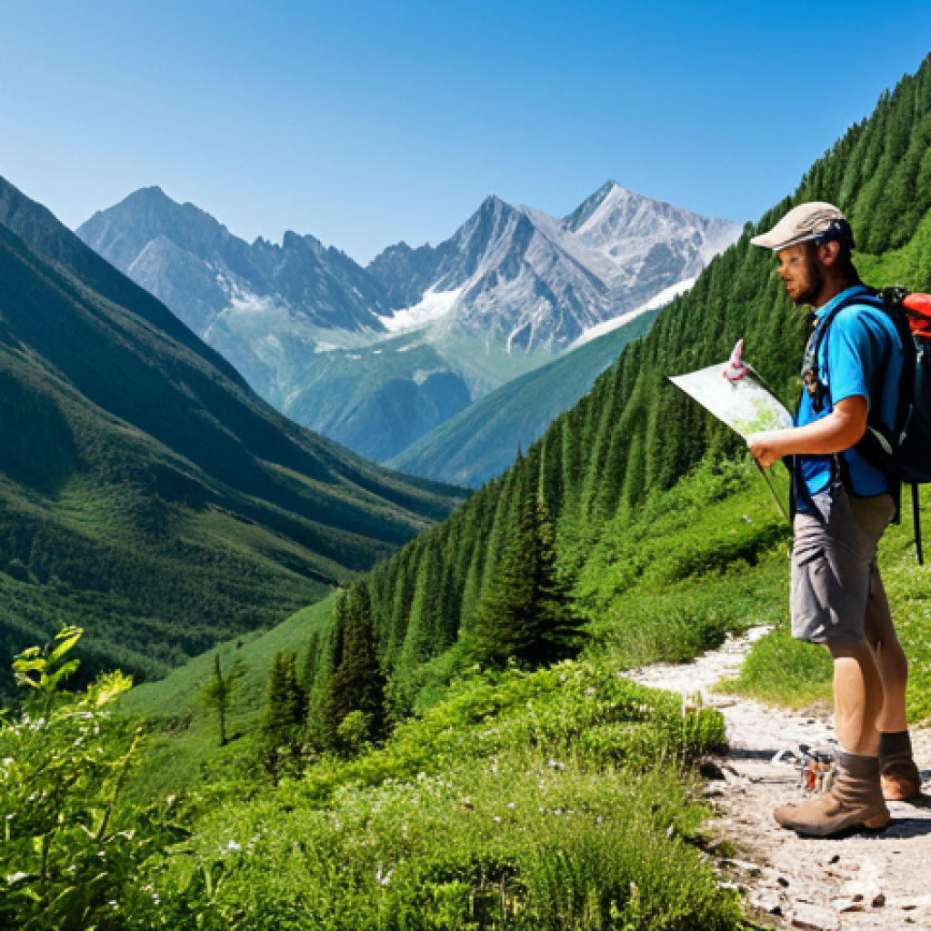 A professional male hiker, fully clothed in modest and appropriate outdoor attire, including a well-fitted backpack and sturdy hiking boots, standing on a serene mountain trail. He is consulting a map with well-formed hands, surrounded by lush green foliage and distant peaks under clear skies. The scene emphasizes preparedness and safety in nature. Perfect anatomy, correct proportions, natural pose, natural body proportions, professional photography, high quality, safe for work, appropriate content, family-friendly.