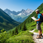 A professional male hiker, fully clothed in modest and appropriate outdoor attire, including a well-fitted backpack and sturdy hiking boots, standing on a serene mountain trail. He is consulting a map with well-formed hands, surrounded by lush green foliage and distant peaks under clear skies. The scene emphasizes preparedness and safety in nature. Perfect anatomy, correct proportions, natural pose, natural body proportions, professional photography, high quality, safe for work, appropriate content, family-friendly.