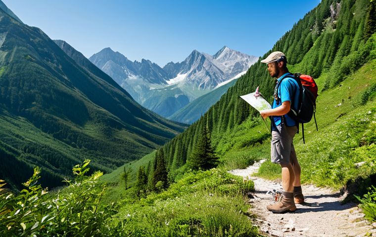 A professional male hiker, fully clothed in modest and appropriate outdoor attire, including a well-fitted backpack and sturdy hiking boots, standing on a serene mountain trail. He is consulting a map with well-formed hands, surrounded by lush green foliage and distant peaks under clear skies. The scene emphasizes preparedness and safety in nature. Perfect anatomy, correct proportions, natural pose, natural body proportions, professional photography, high quality, safe for work, appropriate content, family-friendly.