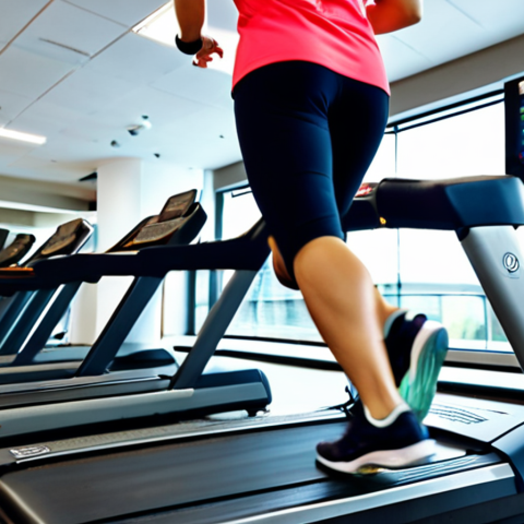 **

A woman in athletic wear, running on a treadmill in a modern gym. Fully clothed, appropriate attire, safe for work. Focus on her determined expression and healthy physique. Background includes other gym equipment and blurred figures. Professional photography, perfect anatomy, natural proportions.

**