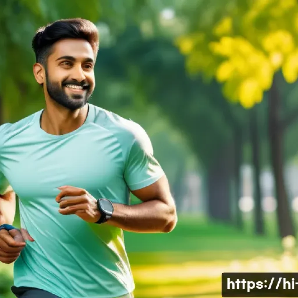 운동과 테크놀로지 접목 사례 - A modern Indian man wearing a smart fitness watch and casual workout clothes, jogging in a sunny urb...