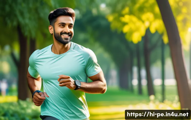 운동과 테크놀로지 접목 사례 - A modern Indian man wearing a smart fitness watch and casual workout clothes, jogging in a sunny urb...