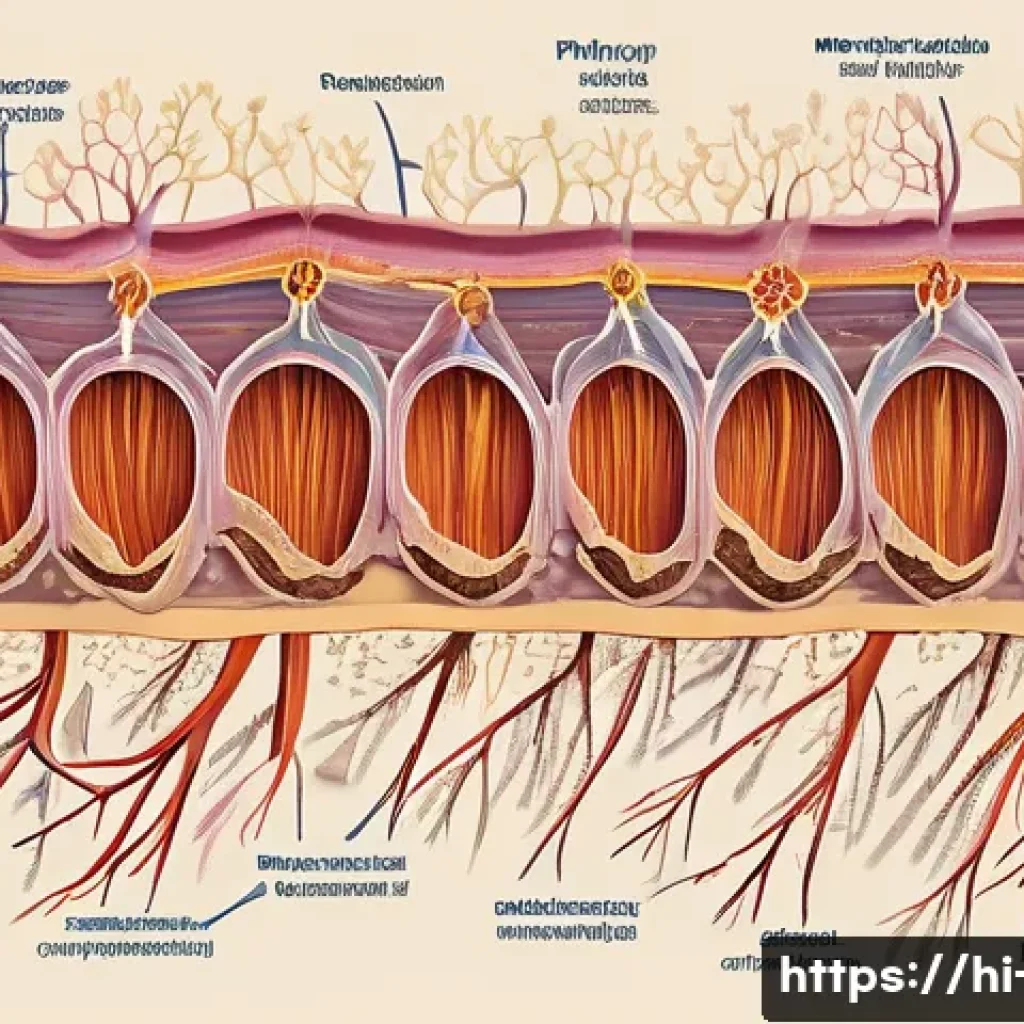 근력운동의 생리적 변화 - A detailed anatomical illustration of human muscle fibers under a microscope, showing thickened and ...