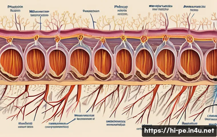 근력운동의 생리적 변화 - A detailed anatomical illustration of human muscle fibers under a microscope, showing thickened and ...