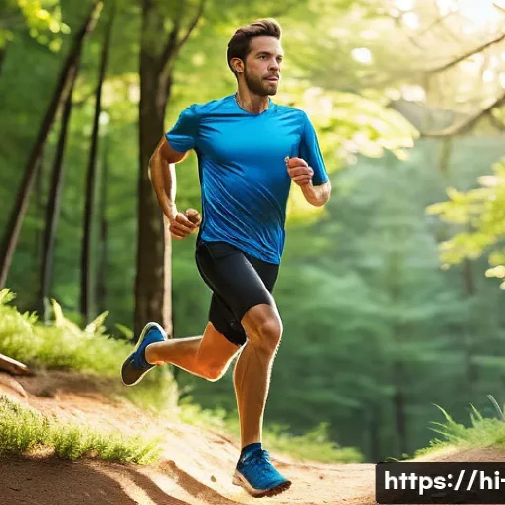 러닝 폼 분석 및 교정 - A detailed, dynamic scene of a male runner in mid-stride on an uneven trail, showcasing perfect runn...