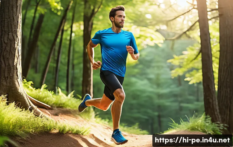 러닝 폼 분석 및 교정 - A detailed, dynamic scene of a male runner in mid-stride on an uneven trail, showcasing perfect runn...