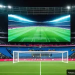 Home 22 스포츠 산업과 미디어 관계 - A vibrant digital sports arena showcasing a diverse crowd of enthusiastic fans engaging with an augm...