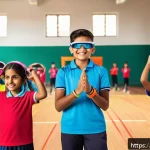 Home 21 학교 체육 교육의 발전 방향 - A vibrant school gym class scene showing diverse Indian children wearing colorful sportswear and fit...