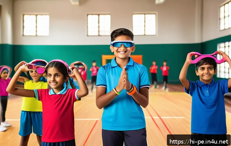 학교 체육 교육의 발전 방향 - A vibrant school gym class scene showing diverse Indian children wearing colorful sportswear and fit...