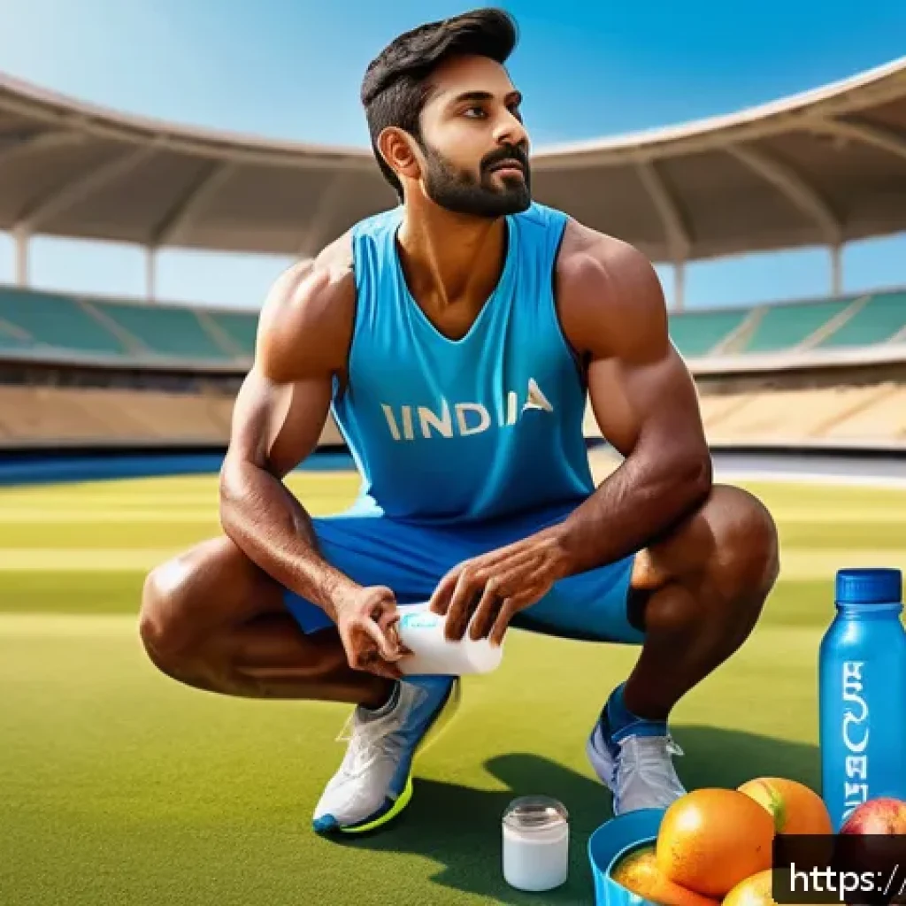 경기력 향상을 위한 영양섭취 - A vibrant and detailed illustration of an Indian male athlete preparing for a cricket match, dressed...