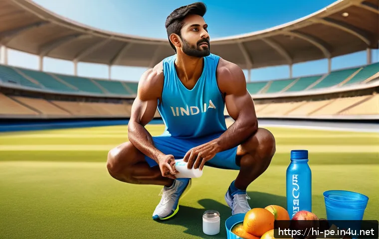 경기력 향상을 위한 영양섭취 - A vibrant and detailed illustration of an Indian male athlete preparing for a cricket match, dressed...