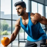 Home 19 운동 수행력 향상 전략 - A vibrant, detailed scene of a young Indian man in athletic clothing performing a dynamic warm-up in...