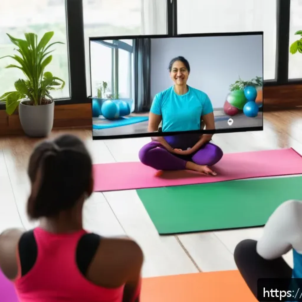 피트니스 트렌드 변화 - A vibrant scene of a diverse group of people participating in an online workout session from their h...