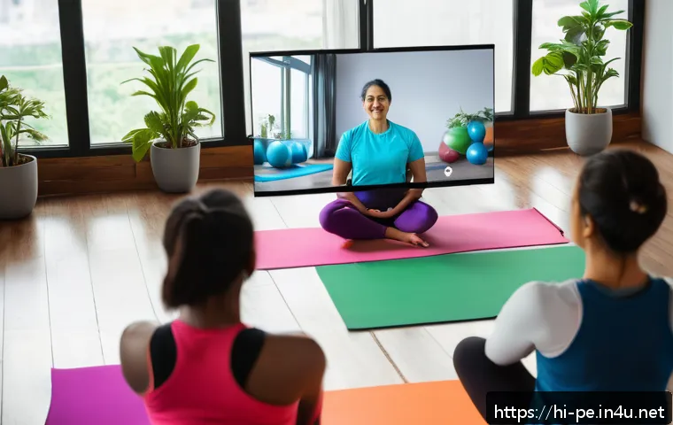 피트니스 트렌드 변화 - A vibrant scene of a diverse group of people participating in an online workout session from their h...