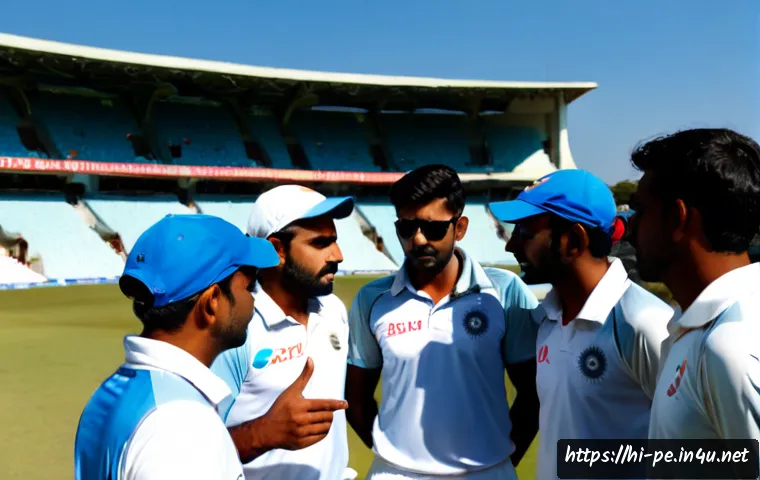 스포츠 팀 내 커뮤니케이션 - Photorealistic Indian cricket team gathered in a focused pre-match strategy huddle on a sunlit stadi...