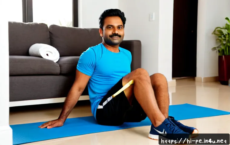 운동 후 근육 회복법 - Photorealistic Indian man in his 30s recovering after a home workout, seated on a yoga mat and gentl...