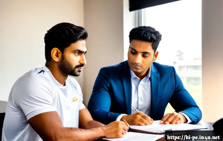 Home 17 운동선수 계약과 법률 문제 - Photorealistic Indian professional athlete in sportswear seated across from a lawyer in a modern leg...